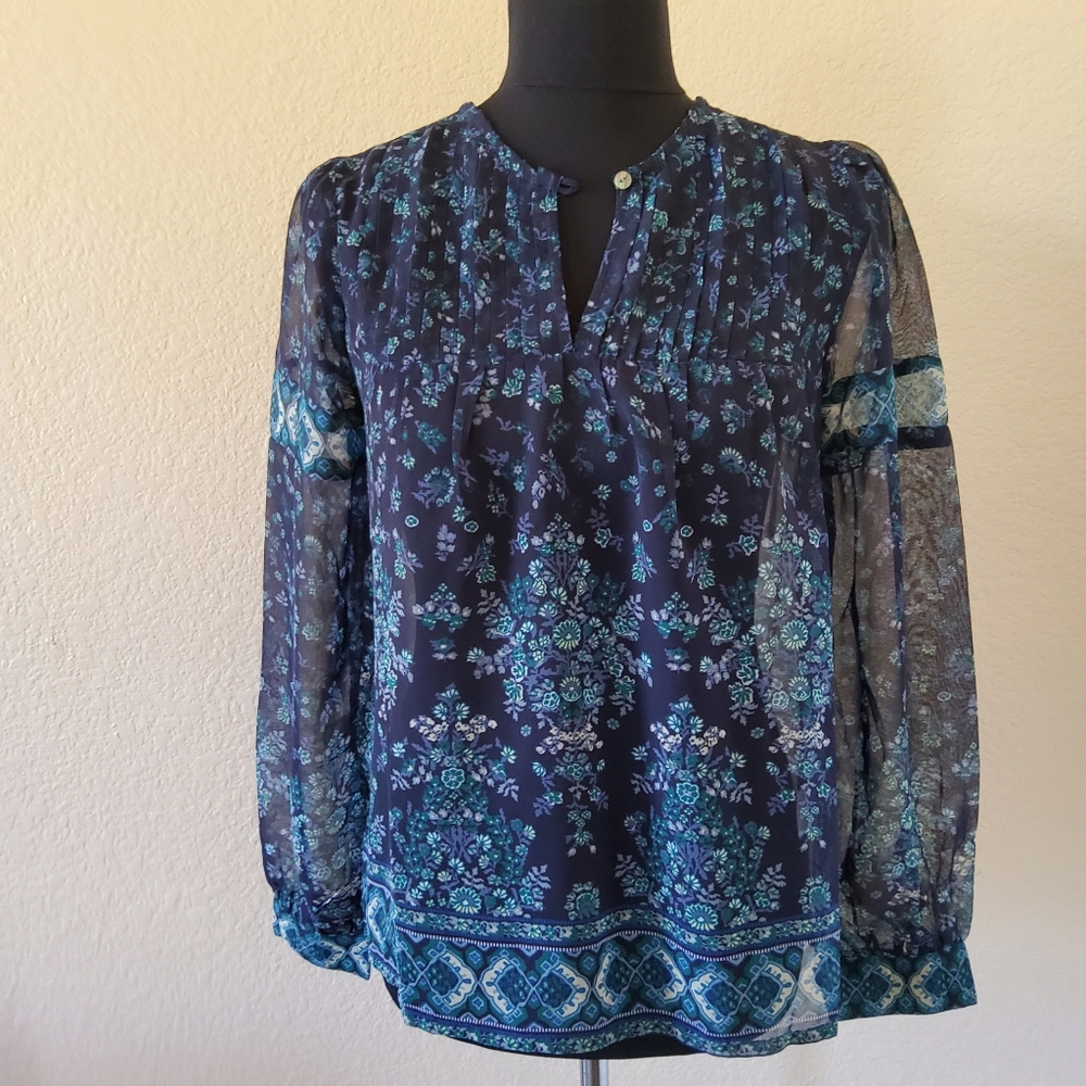 Citrus Blue Floral Chiffon Peasant Top Long Sleeve NWT Size S
